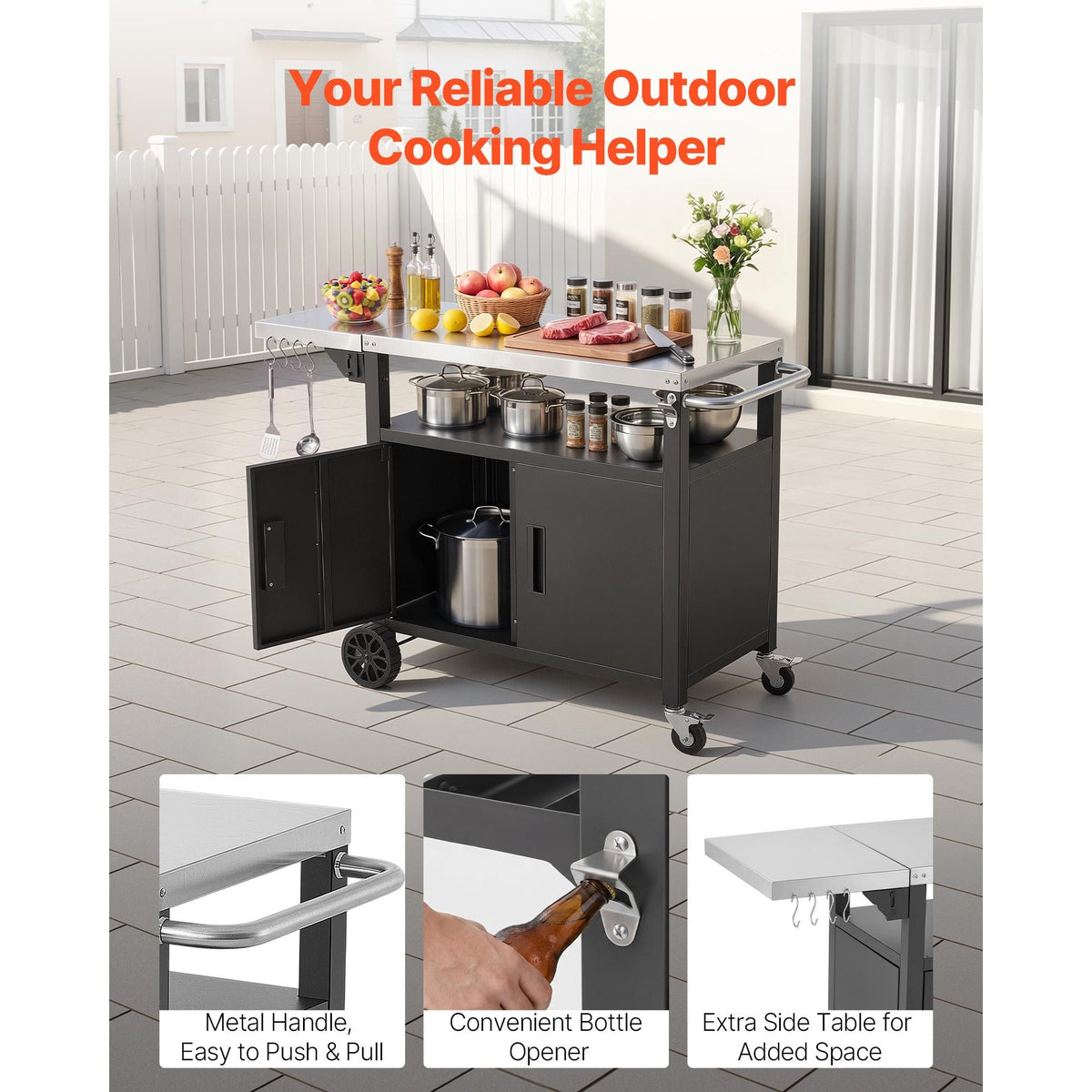 Outdoor Grill Cart with Storage Cabinet, 48.9 Inch Grill Table, Waterproof Kitchen Island with Stainless Steel Top, Shelf, and Wheels, Movable Food Prep Station for Patio Bar Backyard BBQ