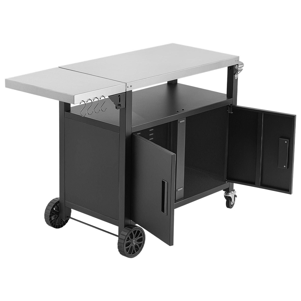 Outdoor Grill Cart with Storage Cabinet, 48.9 Inch Grill Table, Waterproof Kitchen Island with Stainless Steel Top, Shelf, and Wheels, Movable Food Prep Station for Patio Bar Backyard BBQ