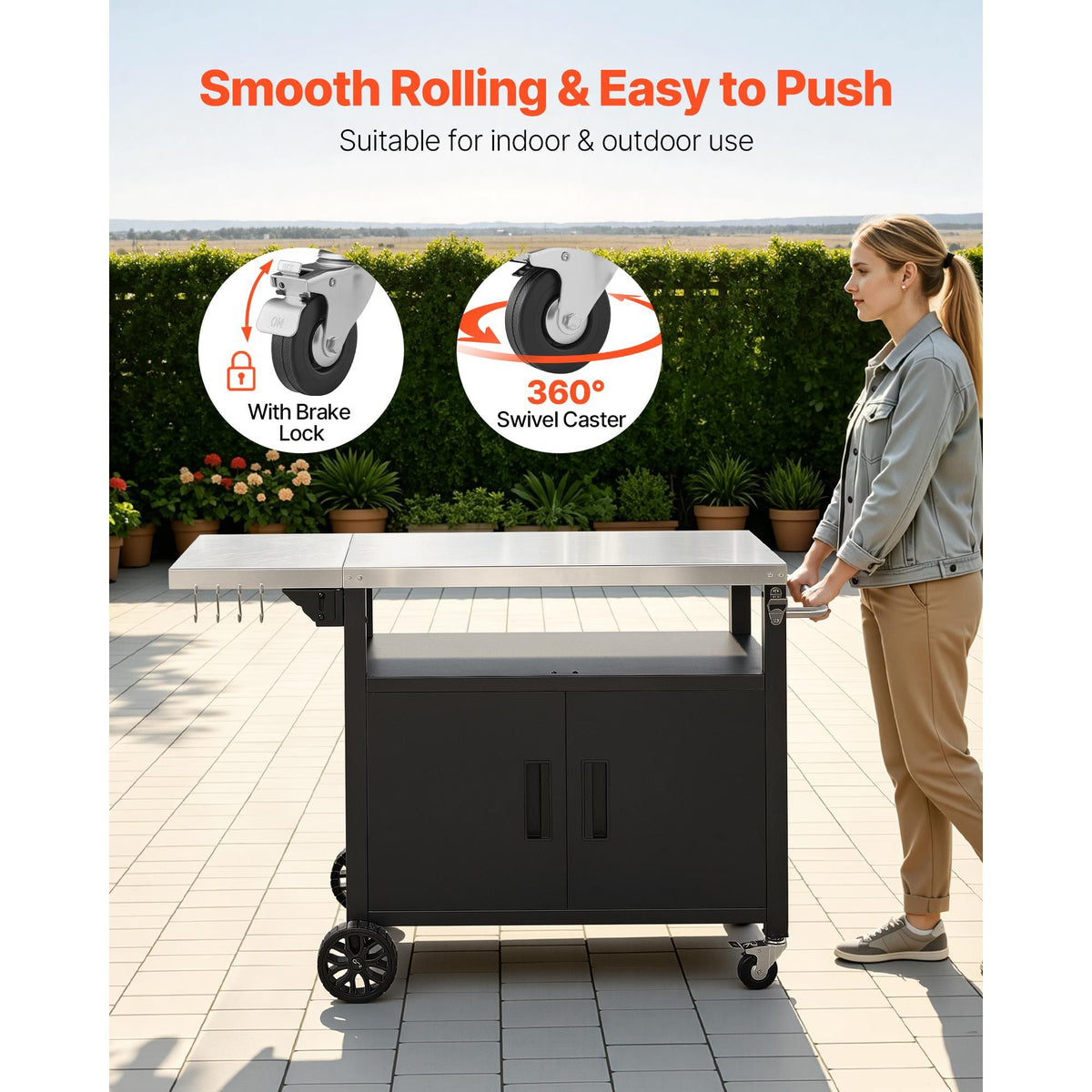 Outdoor Grill Cart with Storage Cabinet, 48.9 Inch Grill Table, Waterproof Kitchen Island with Stainless Steel Top, Shelf, and Wheels, Movable Food Prep Station for Patio Bar Backyard BBQ