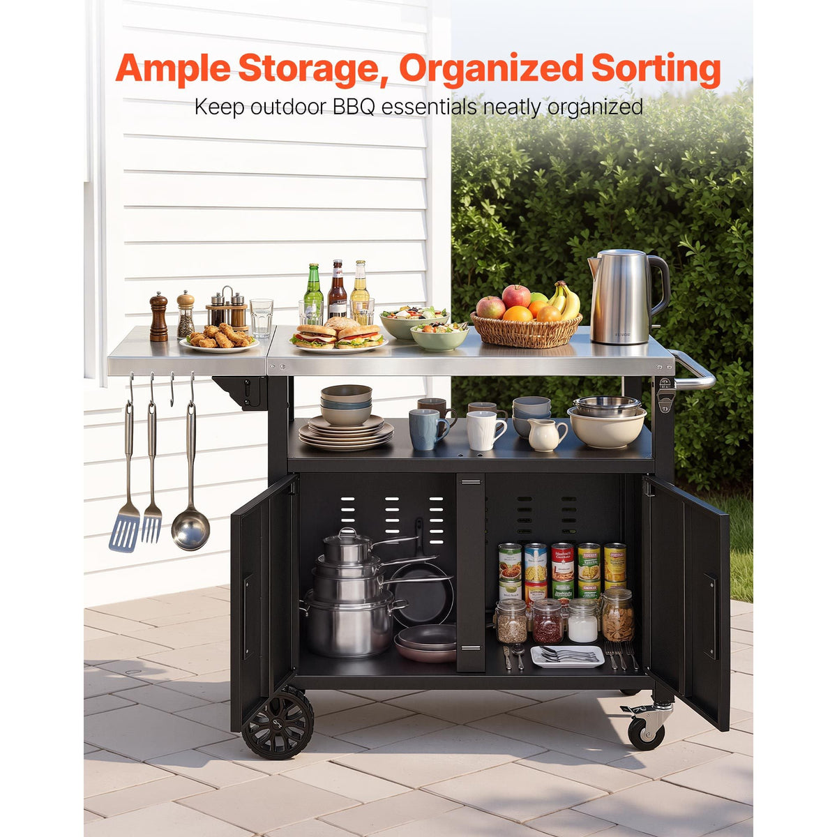 Outdoor Grill Cart with Storage Cabinet, 48.9 Inch Grill Table, Waterproof Kitchen Island with Stainless Steel Top, Shelf, and Wheels, Movable Food Prep Station for Patio Bar Backyard BBQ