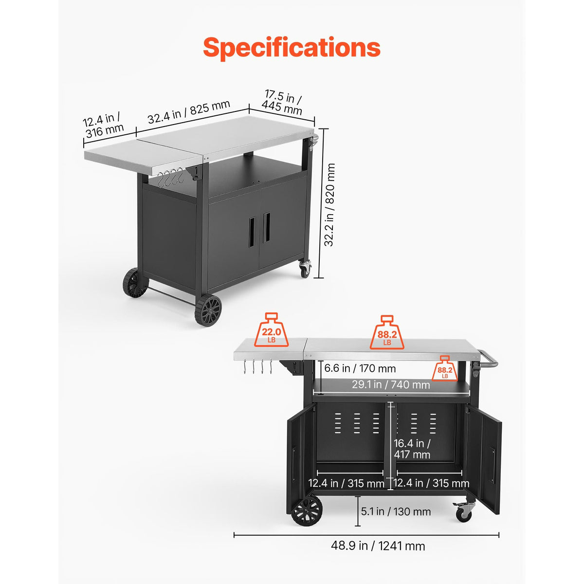 Outdoor Grill Cart with Storage Cabinet, 48.9 Inch Grill Table, Waterproof Kitchen Island with Stainless Steel Top, Shelf, and Wheels, Movable Food Prep Station for Patio Bar Backyard BBQ