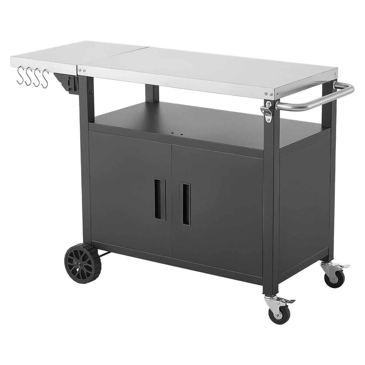 Outdoor Grill Cart with Storage Cabinet, 48.9 Inch Grill Table, Waterproof Kitchen Island with Stainless Steel Top, Shelf, and Wheels, Movable Food Prep Station for Patio Bar Backyard BBQ