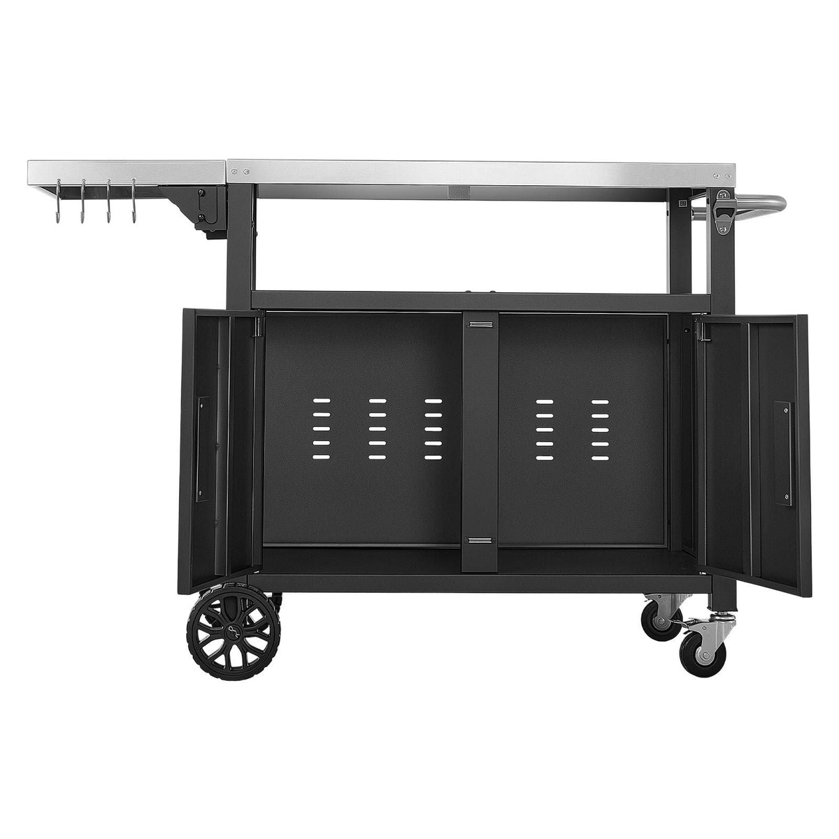 Outdoor Grill Cart with Storage Cabinet, 48.9 Inch Grill Table, Waterproof Kitchen Island with Stainless Steel Top, Shelf, and Wheels, Movable Food Prep Station for Patio Bar Backyard BBQ