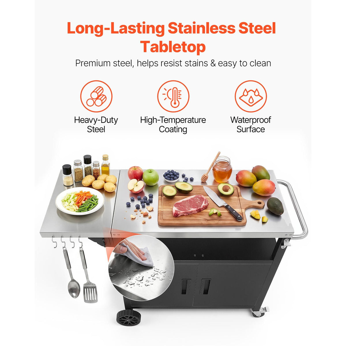 Outdoor Grill Cart with Storage Cabinet, 48.9 Inch Grill Table, Waterproof Kitchen Island with Stainless Steel Top, Shelf, and Wheels, Movable Food Prep Station for Patio Bar Backyard BBQ