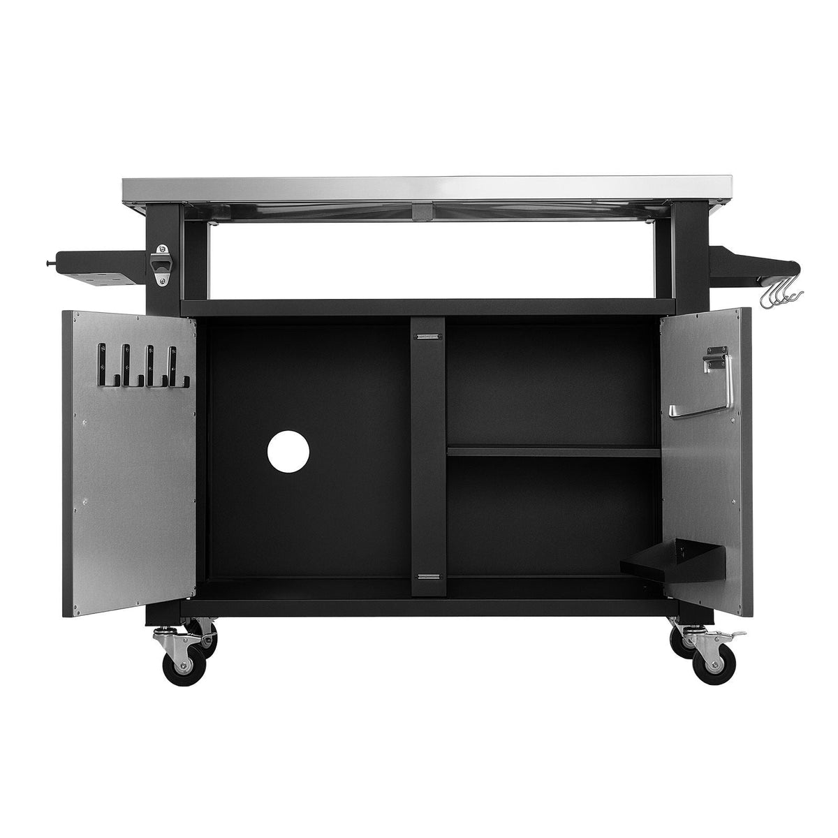 Outdoor Grill Cart with Storage Cabinet, 53.1 Inch Grill Table, Waterproof Kitchen Island with Stainless Steel Top, Shelf, and Wheels, Movable Food Prep Station for Patio Bar Backyard BBQ