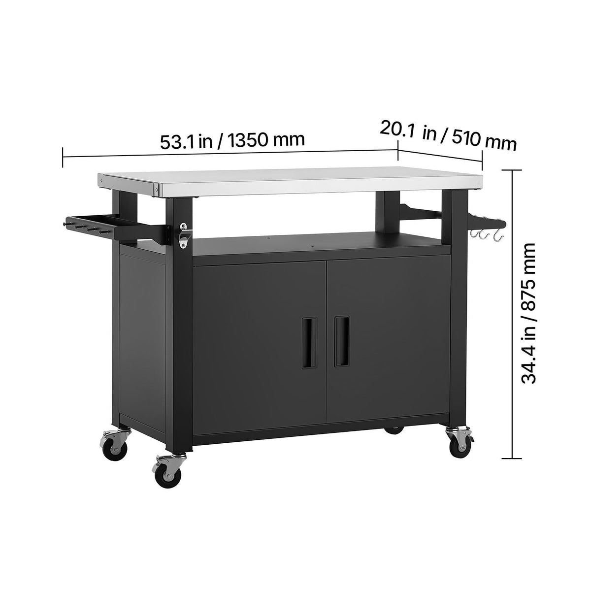 Outdoor Grill Cart with Storage Cabinet, 53.1 Inch Grill Table, Waterproof Kitchen Island with Stainless Steel Top, Shelf, and Wheels, Movable Food Prep Station for Patio Bar Backyard BBQ