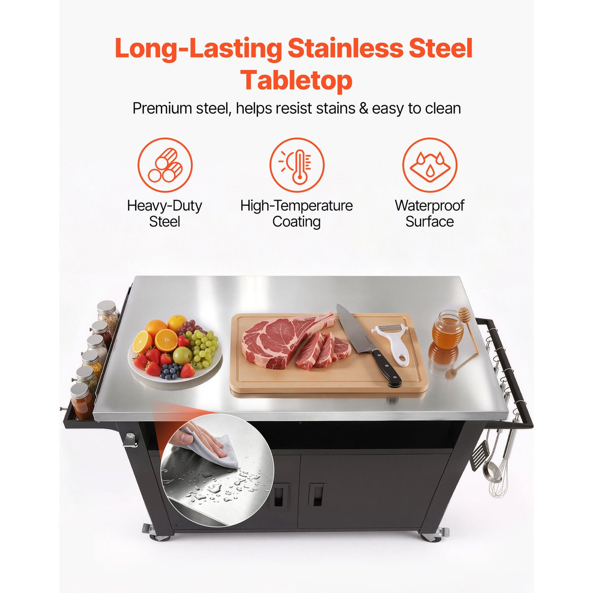 Outdoor Grill Cart with Storage Cabinet, 53.1 Inch Grill Table, Waterproof Kitchen Island with Stainless Steel Top, Shelf, and Wheels, Movable Food Prep Station for Patio Bar Backyard BBQ