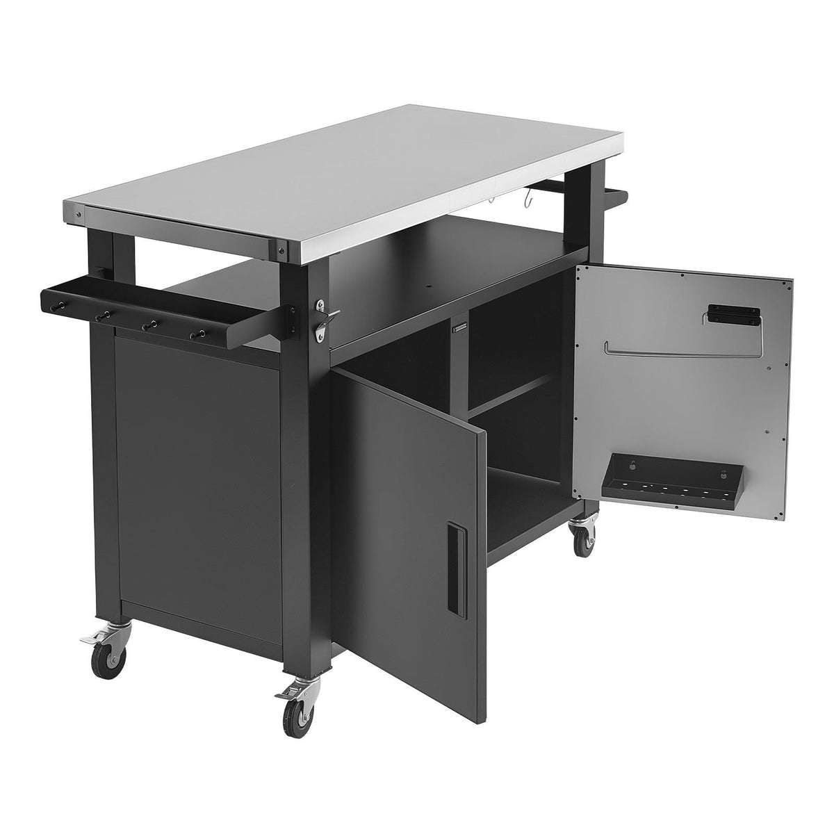 Outdoor Grill Cart with Storage Cabinet, 53.1 Inch Grill Table, Waterproof Kitchen Island with Stainless Steel Top, Shelf, and Wheels, Movable Food Prep Station for Patio Bar Backyard BBQ