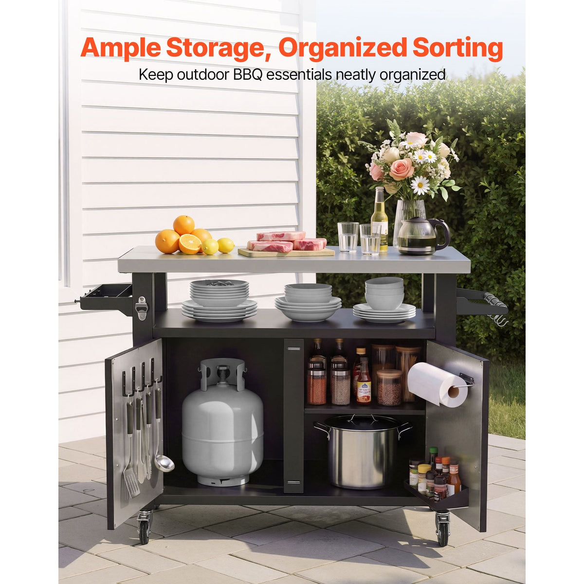 Outdoor Grill Cart with Storage Cabinet, 53.1 Inch Grill Table, Waterproof Kitchen Island with Stainless Steel Top, Shelf, and Wheels, Movable Food Prep Station for Patio Bar Backyard BBQ