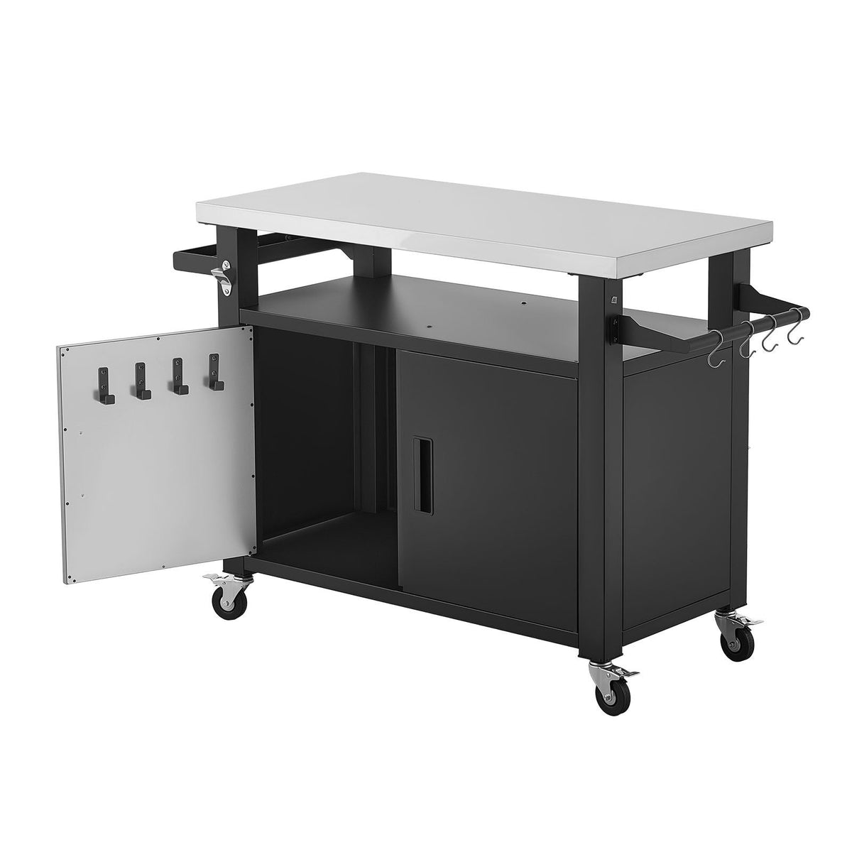 Outdoor Grill Cart with Storage Cabinet, 53.1 Inch Grill Table, Waterproof Kitchen Island with Stainless Steel Top, Shelf, and Wheels, Movable Food Prep Station for Patio Bar Backyard BBQ