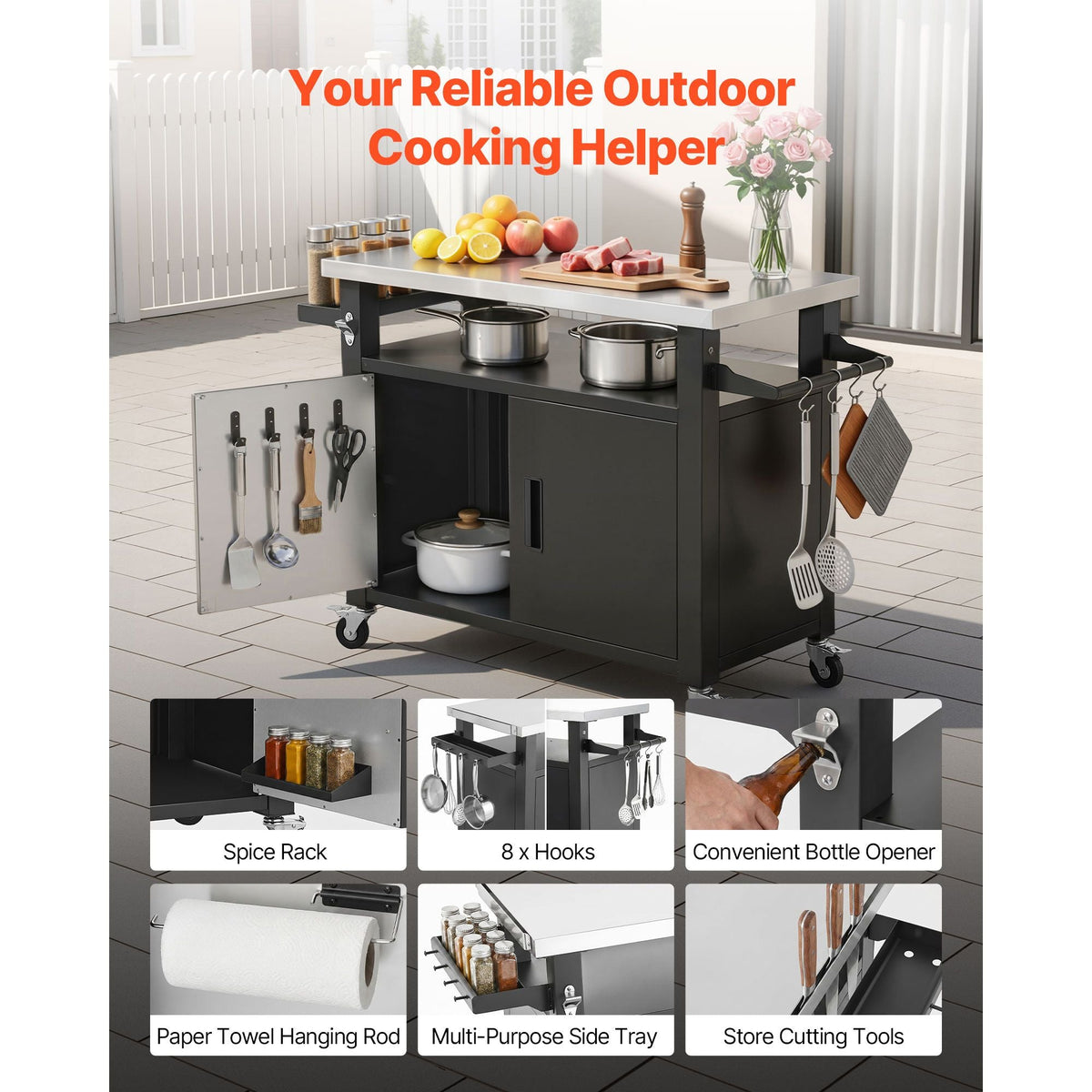 Outdoor Grill Cart with Storage Cabinet, 53.1 Inch Grill Table, Waterproof Kitchen Island with Stainless Steel Top, Shelf, and Wheels, Movable Food Prep Station for Patio Bar Backyard BBQ