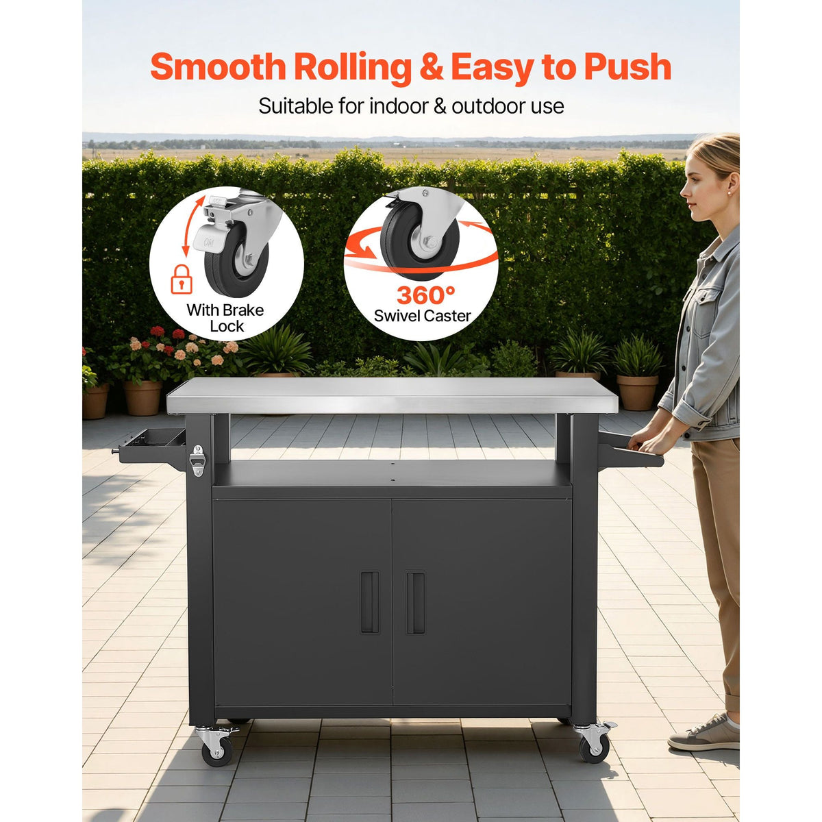 Outdoor Grill Cart with Storage Cabinet, 53.1 Inch Grill Table, Waterproof Kitchen Island with Stainless Steel Top, Shelf, and Wheels, Movable Food Prep Station for Patio Bar Backyard BBQ