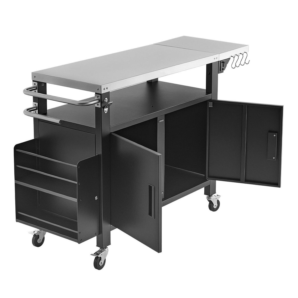 Outdoor Grill Cart with Storage Cabinet, 55.1 Inch Grill Table, Waterproof Kitchen Island with Stainless Steel Top, Shelf, and Wheels, Movable Food Prep Station for Patio Bar Backyard BBQ