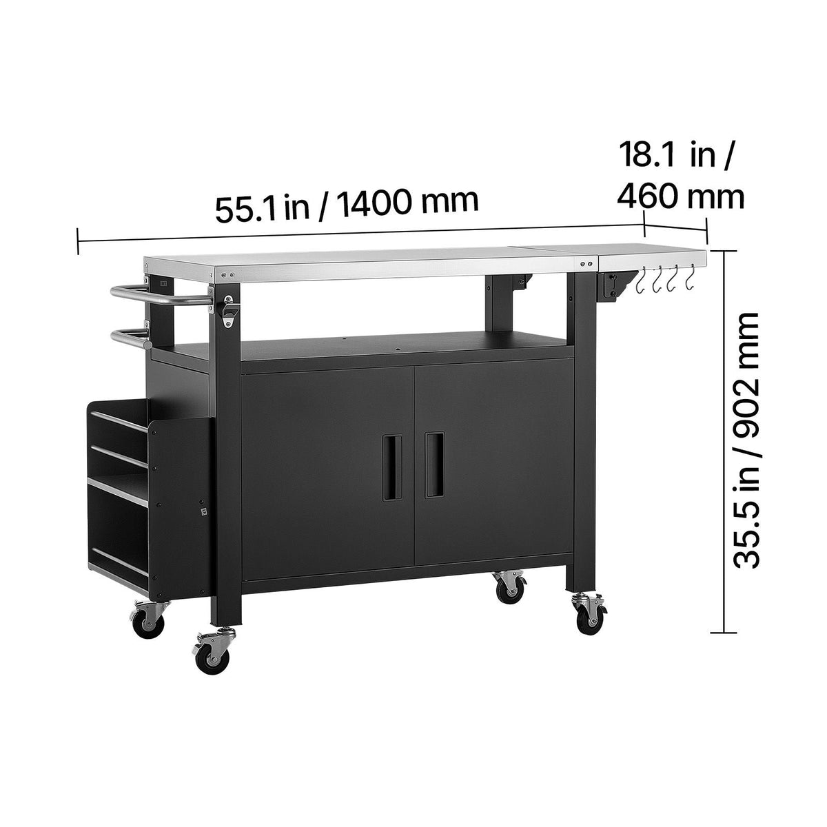 Outdoor Grill Cart with Storage Cabinet, 55.1 Inch Grill Table, Waterproof Kitchen Island with Stainless Steel Top, Shelf, and Wheels, Movable Food Prep Station for Patio Bar Backyard BBQ