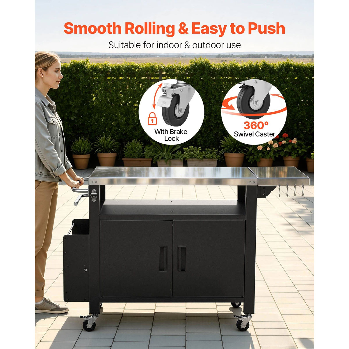 Outdoor Grill Cart with Storage Cabinet, 55.1 Inch Grill Table, Waterproof Kitchen Island with Stainless Steel Top, Shelf, and Wheels, Movable Food Prep Station for Patio Bar Backyard BBQ
