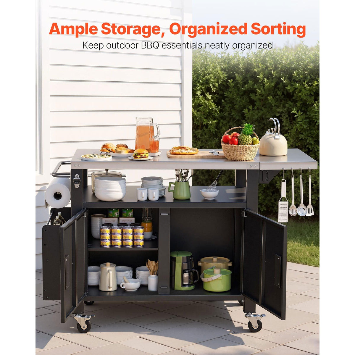Outdoor Grill Cart with Storage Cabinet, 55.1 Inch Grill Table, Waterproof Kitchen Island with Stainless Steel Top, Shelf, and Wheels, Movable Food Prep Station for Patio Bar Backyard BBQ