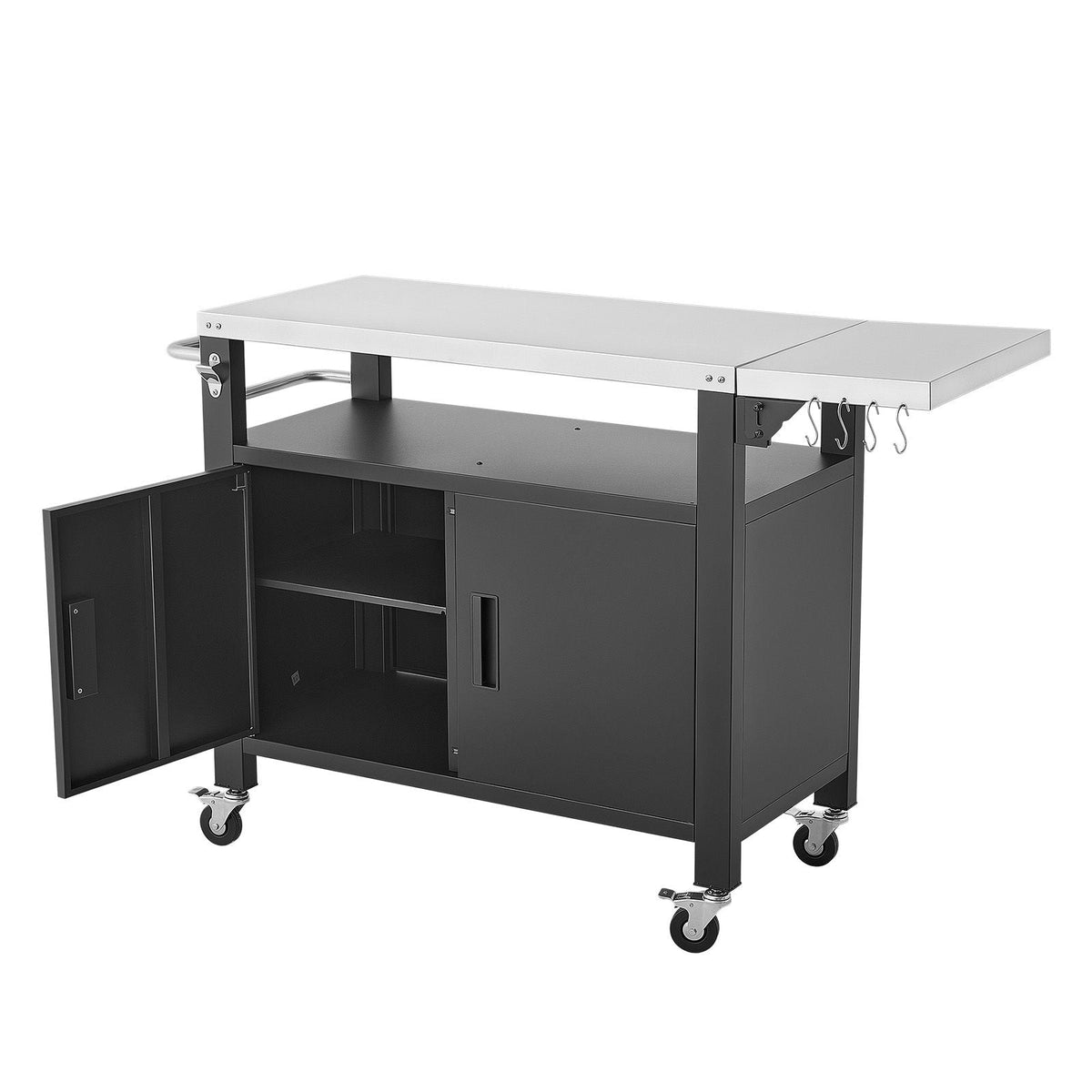 Outdoor Grill Cart with Storage Cabinet, 55.1 Inch Grill Table, Waterproof Kitchen Island with Stainless Steel Top, Shelf, and Wheels, Movable Food Prep Station for Patio Bar Backyard BBQ