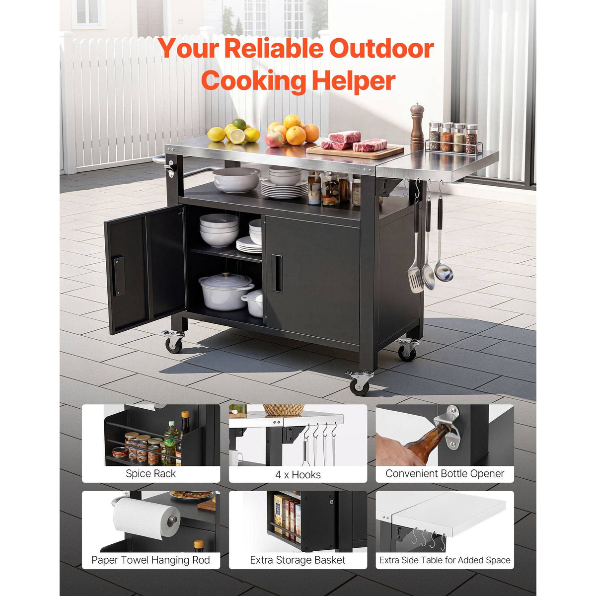 Outdoor Grill Cart with Storage Cabinet, 55.1 Inch Grill Table, Waterproof Kitchen Island with Stainless Steel Top, Shelf, and Wheels, Movable Food Prep Station for Patio Bar Backyard BBQ