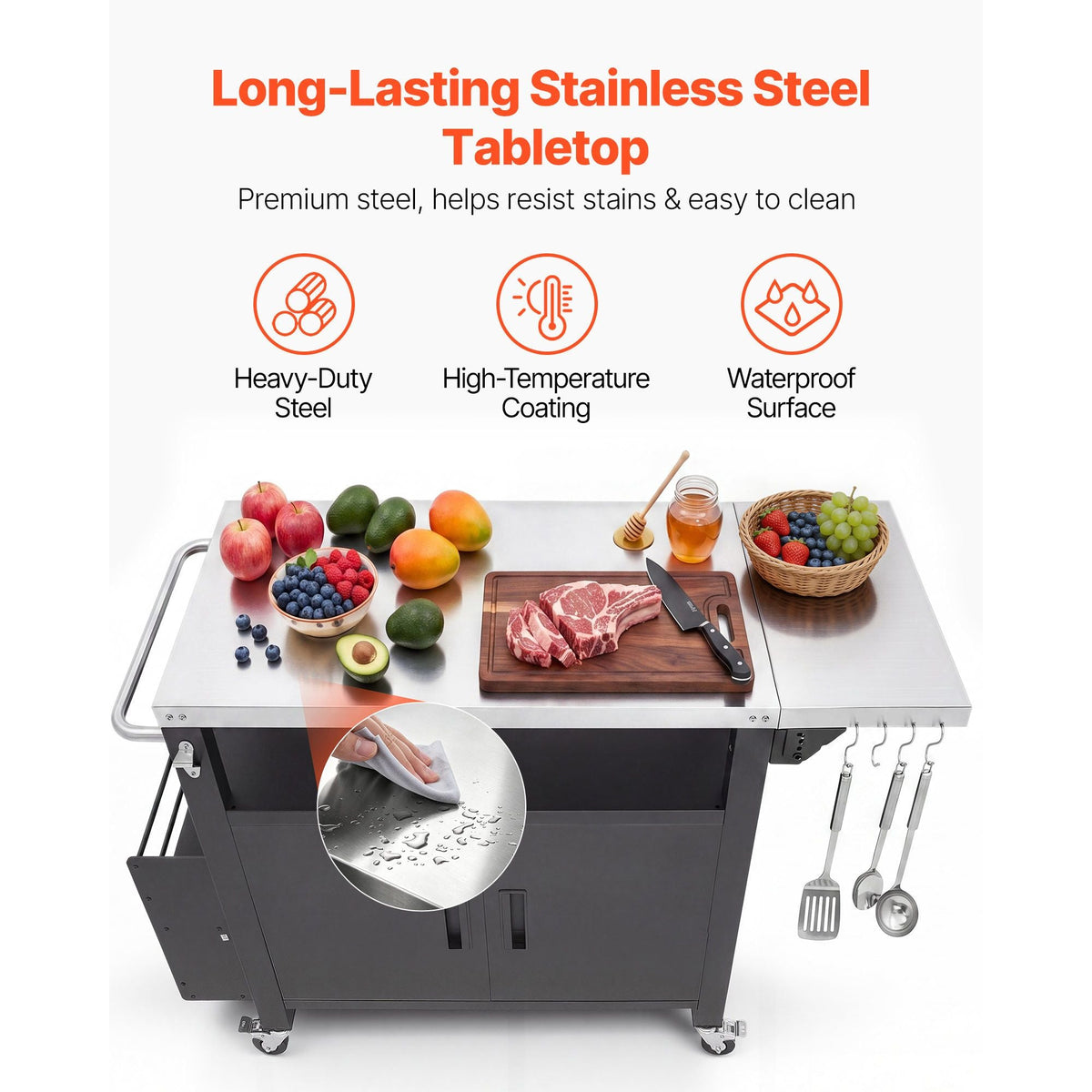 Outdoor Grill Cart with Storage Cabinet, 55.1 Inch Grill Table, Waterproof Kitchen Island with Stainless Steel Top, Shelf, and Wheels, Movable Food Prep Station for Patio Bar Backyard BBQ