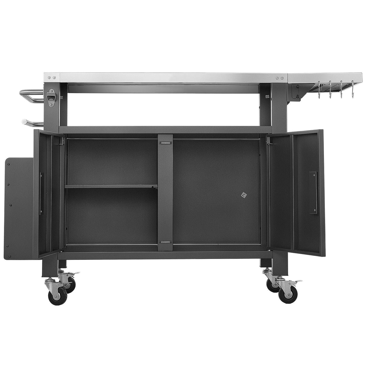Outdoor Grill Cart with Storage Cabinet, 55.1 Inch Grill Table, Waterproof Kitchen Island with Stainless Steel Top, Shelf, and Wheels, Movable Food Prep Station for Patio Bar Backyard BBQ