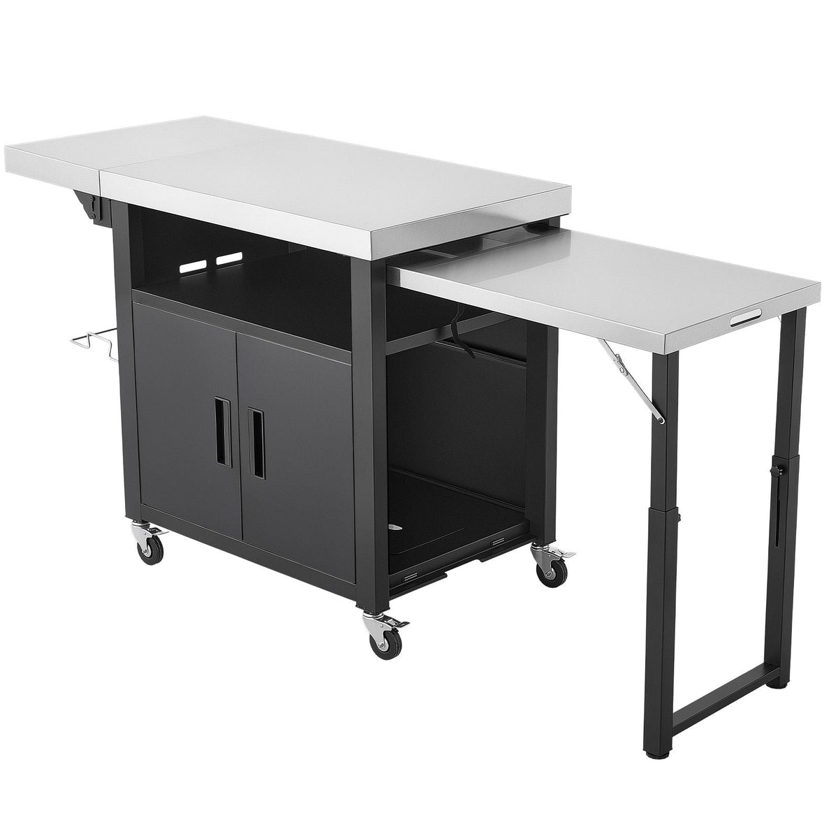 Outdoor Grill Cart with Storage Cabinet, 74.8 Inch Grill Table, Waterproof Kitchen Island with Stainless Steel Top, Pull-Out Plate, Wheels, Movable Food Prep Station for Patio Bar Backyard BBQ