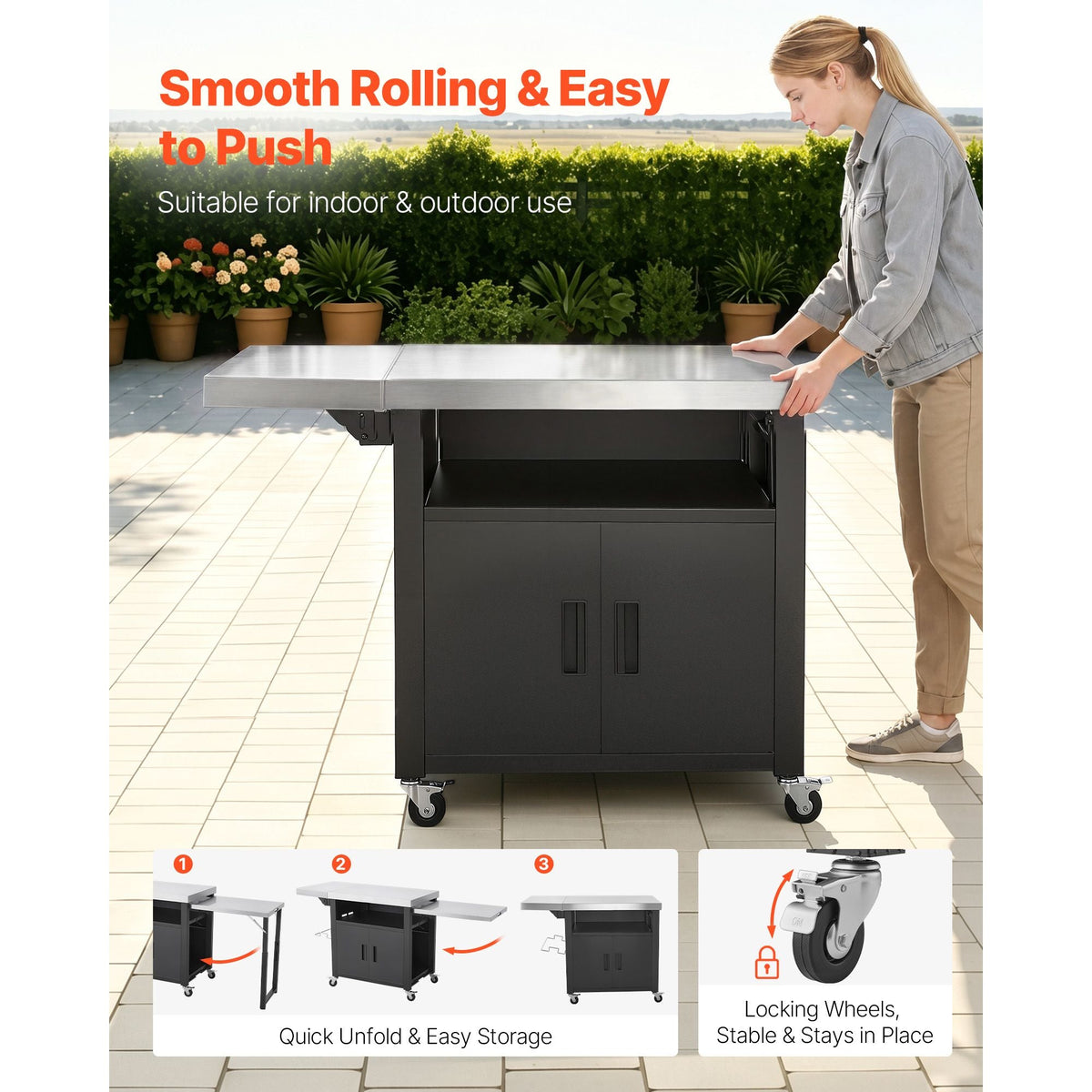 Outdoor Grill Cart with Storage Cabinet, 74.8 Inch Grill Table, Waterproof Kitchen Island with Stainless Steel Top, Pull-Out Plate, Wheels, Movable Food Prep Station for Patio Bar Backyard BBQ