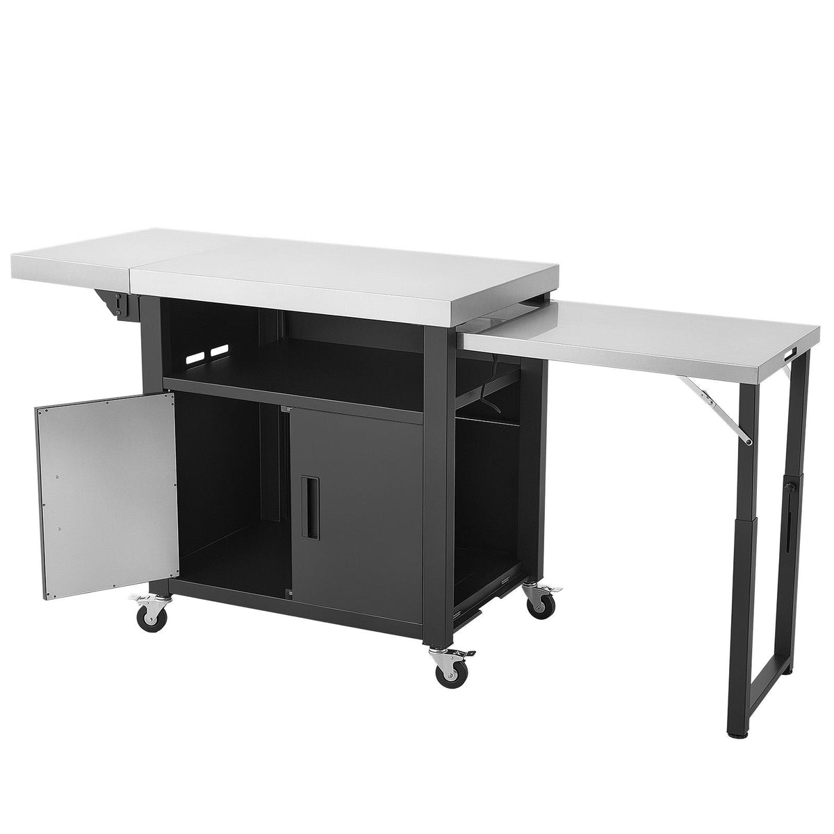 Outdoor Grill Cart with Storage Cabinet, 74.8 Inch Grill Table, Waterproof Kitchen Island with Stainless Steel Top, Pull-Out Plate, Wheels, Movable Food Prep Station for Patio Bar Backyard BBQ