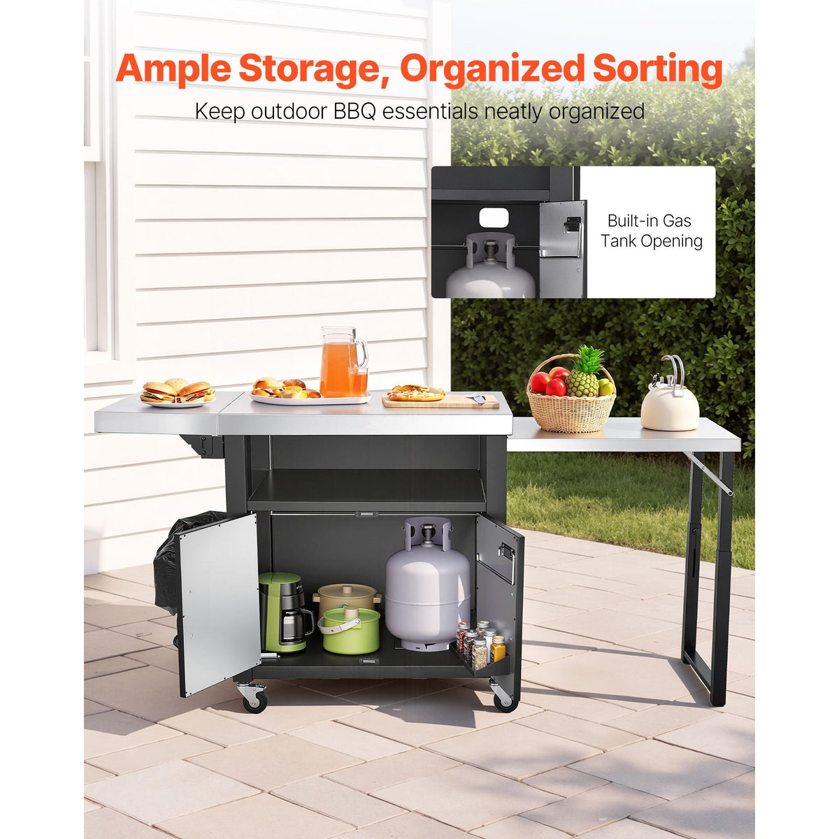 Outdoor Grill Cart with Storage Cabinet, 74.8 Inch Grill Table, Waterproof Kitchen Island with Stainless Steel Top, Pull-Out Plate, Wheels, Movable Food Prep Station for Patio Bar Backyard BBQ