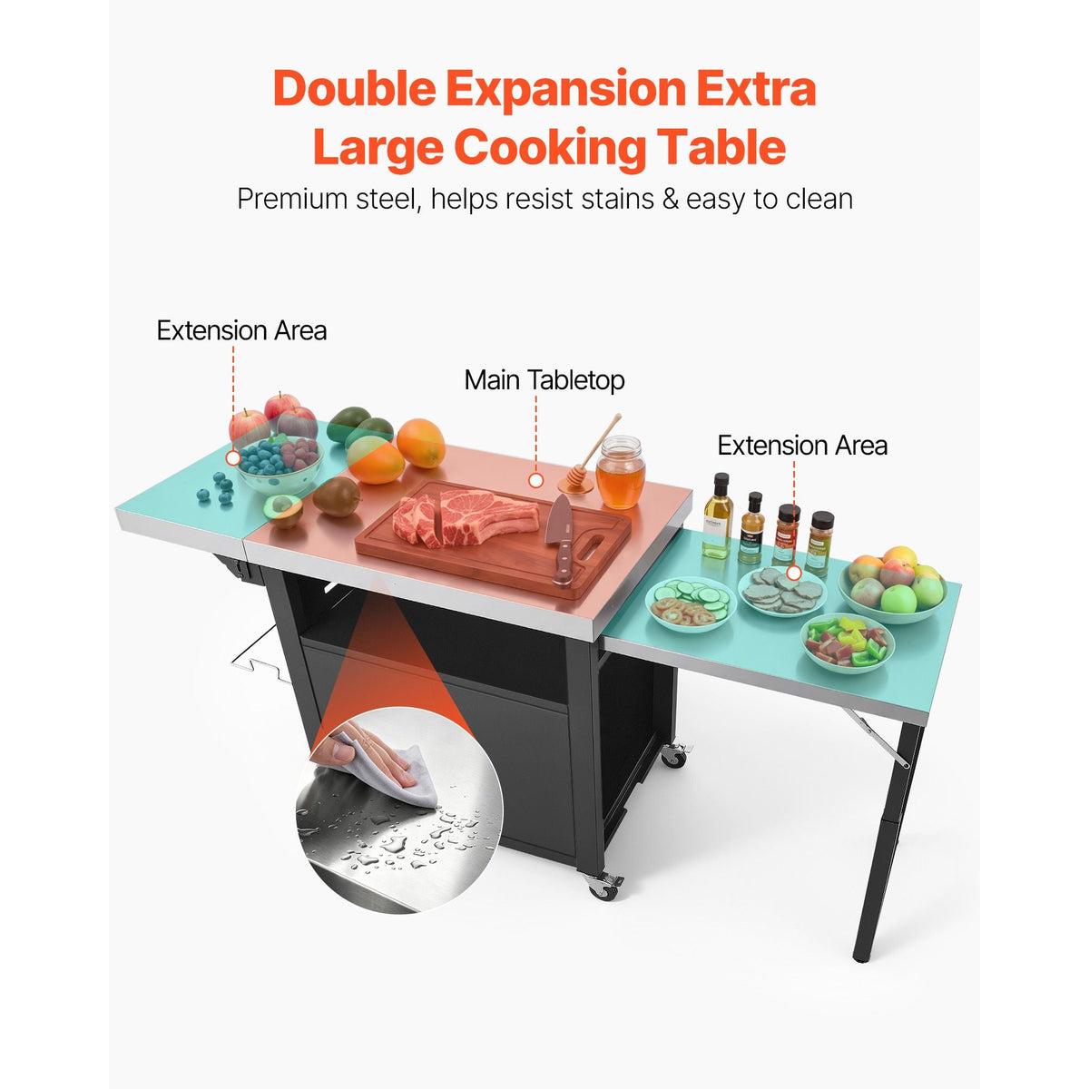 Outdoor Grill Cart with Storage Cabinet, 74.8 Inch Grill Table, Waterproof Kitchen Island with Stainless Steel Top, Pull-Out Plate, Wheels, Movable Food Prep Station for Patio Bar Backyard BBQ