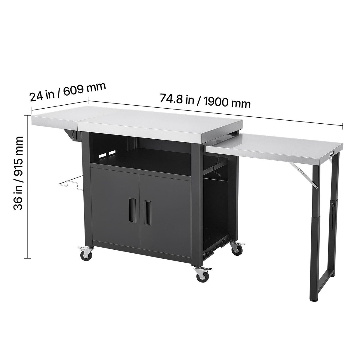 Outdoor Grill Cart with Storage Cabinet, 74.8 Inch Grill Table, Waterproof Kitchen Island with Stainless Steel Top, Pull-Out Plate, Wheels, Movable Food Prep Station for Patio Bar Backyard BBQ