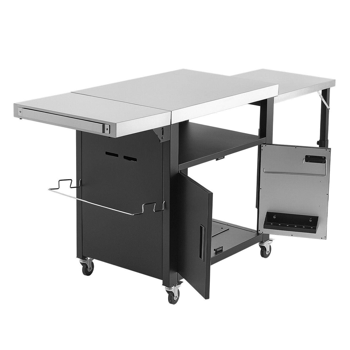 Outdoor Grill Cart with Storage Cabinet, 74.8 Inch Grill Table, Waterproof Kitchen Island with Stainless Steel Top, Pull-Out Plate, Wheels, Movable Food Prep Station for Patio Bar Backyard BBQ
