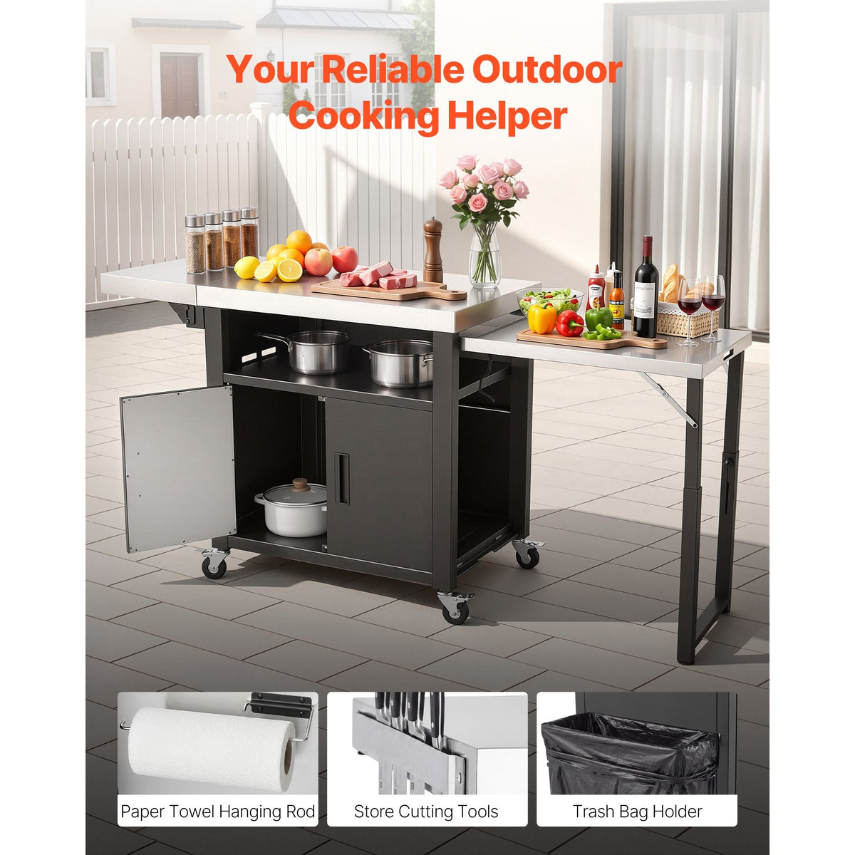 Outdoor Grill Cart with Storage Cabinet, 74.8 Inch Grill Table, Waterproof Kitchen Island with Stainless Steel Top, Pull-Out Plate, Wheels, Movable Food Prep Station for Patio Bar Backyard BBQ