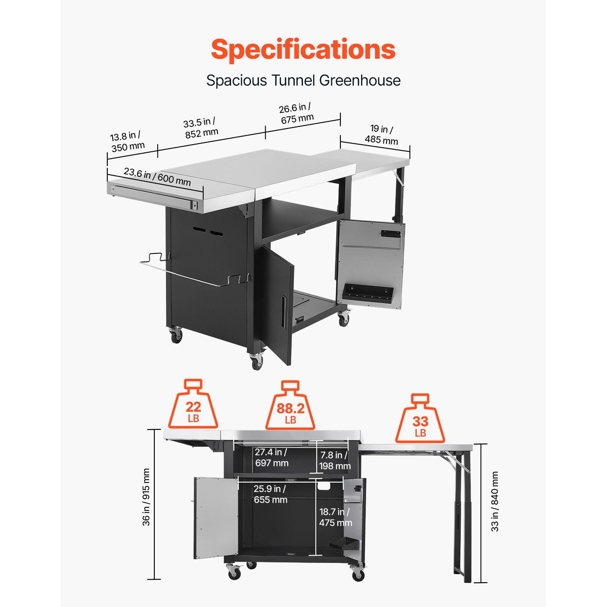 Outdoor Grill Cart with Storage Cabinet, 74.8 Inch Grill Table, Waterproof Kitchen Island with Stainless Steel Top, Pull-Out Plate, Wheels, Movable Food Prep Station for Patio Bar Backyard BBQ