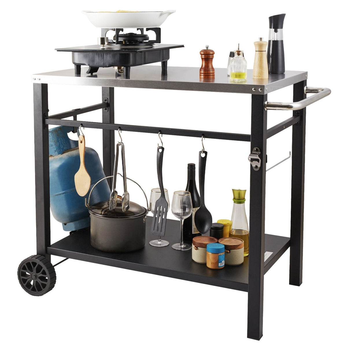 Outdoor Grill Dining Cart with Double-Shelf, BBQ Movable Food Prep Table, Multifunctional Stainless Steel Table Top, Portable Modular Carts for Pizza Oven, Worktable with 2 Wheels, Carry Handle