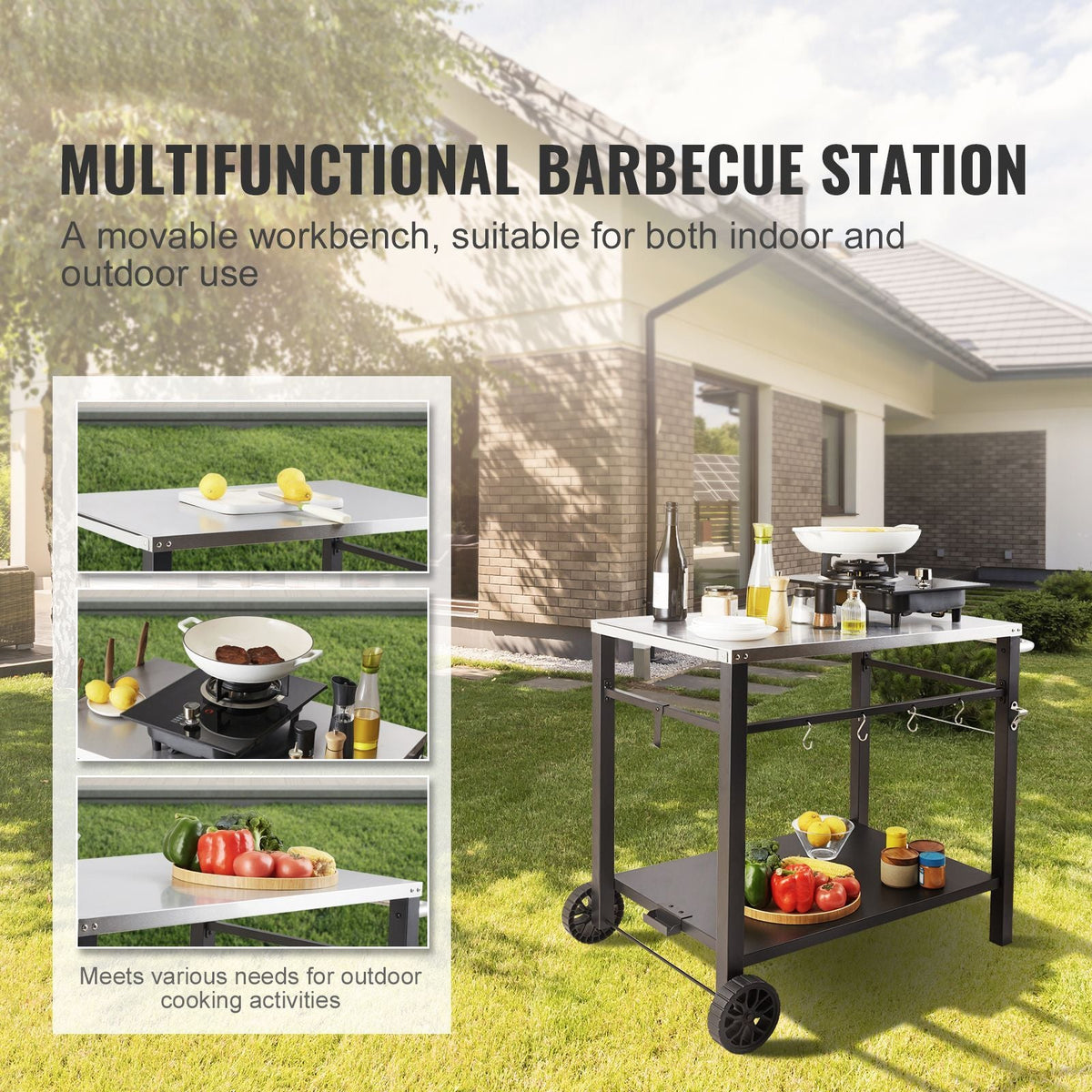 Outdoor Grill Dining Cart with Double-Shelf, BBQ Movable Food Prep Table, Multifunctional Stainless Steel Table Top, Portable Modular Carts for Pizza Oven, Worktable with 2 Wheels, Carry Handle