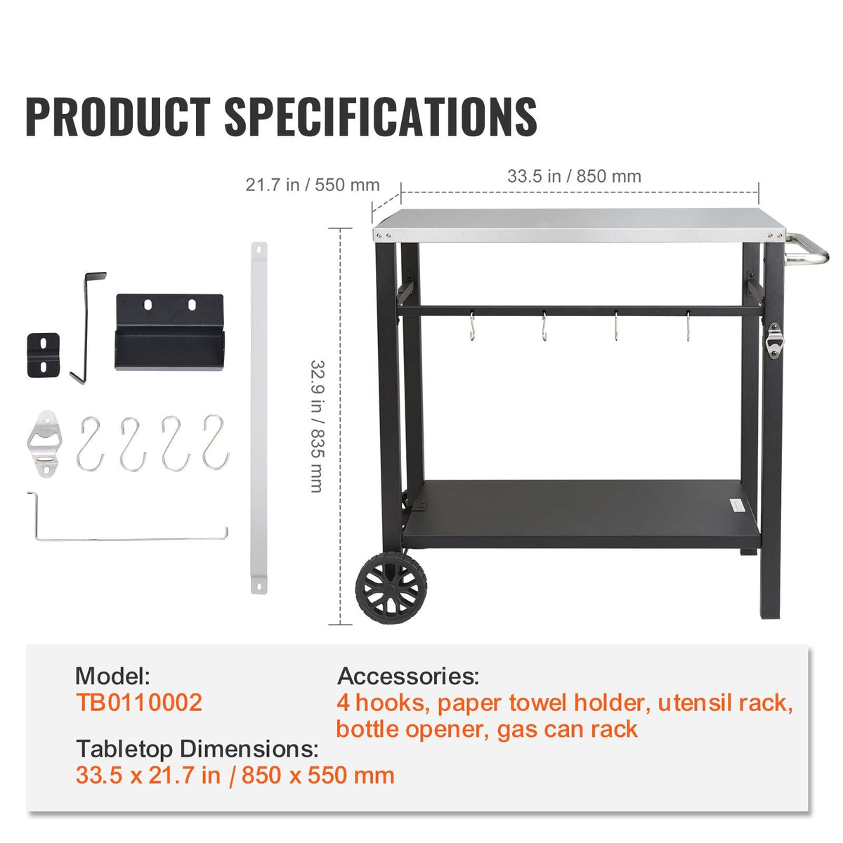 Outdoor Grill Dining Cart with Double-Shelf, BBQ Movable Food Prep Table, Multifunctional Stainless Steel Table Top, Portable Modular Carts for Pizza Oven, Worktable with 2 Wheels, Carry Handle
