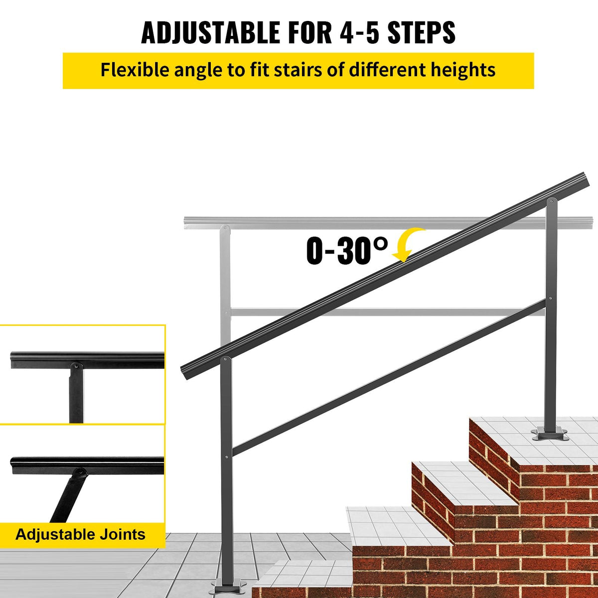 Outdoor Handrail 165LBS Load Handrail Outdoor Stairs Aluminum Stair Handrail 60 x 35" Outdoor Stair Railing Transitional Range from 0 to 30° Staircase Handrail Fits 4-5 Steps with Screw Kit