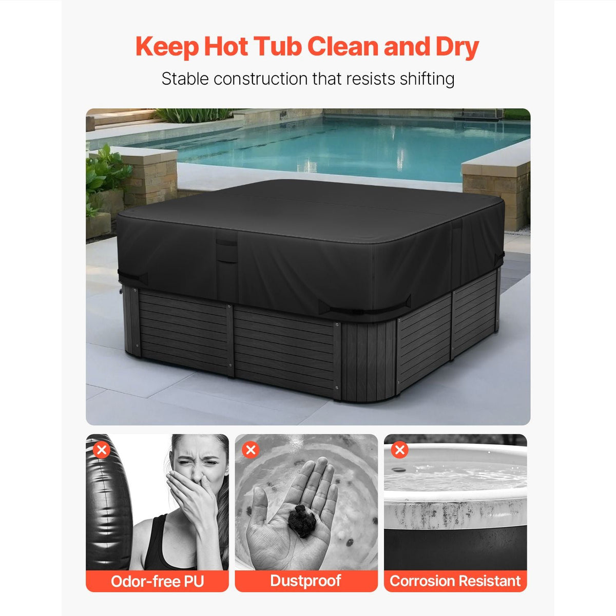 Outdoor Hot Tub Cover, 76 x 76 x 20 Inch Weatherproof and Waterproof Hot Tub Cover Protector, 600D Heavy Duty Oxford Fabric and 950N Tearing Strength, Square Spa Covers for Hottub, Black