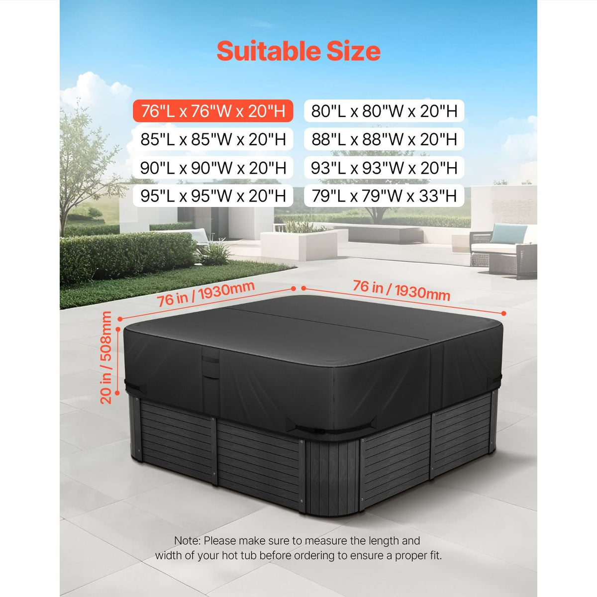 Outdoor Hot Tub Cover, 76 x 76 x 20 Inch Weatherproof and Waterproof Hot Tub Cover Protector, 600D Heavy Duty Oxford Fabric and 950N Tearing Strength, Square Spa Covers for Hottub, Black
