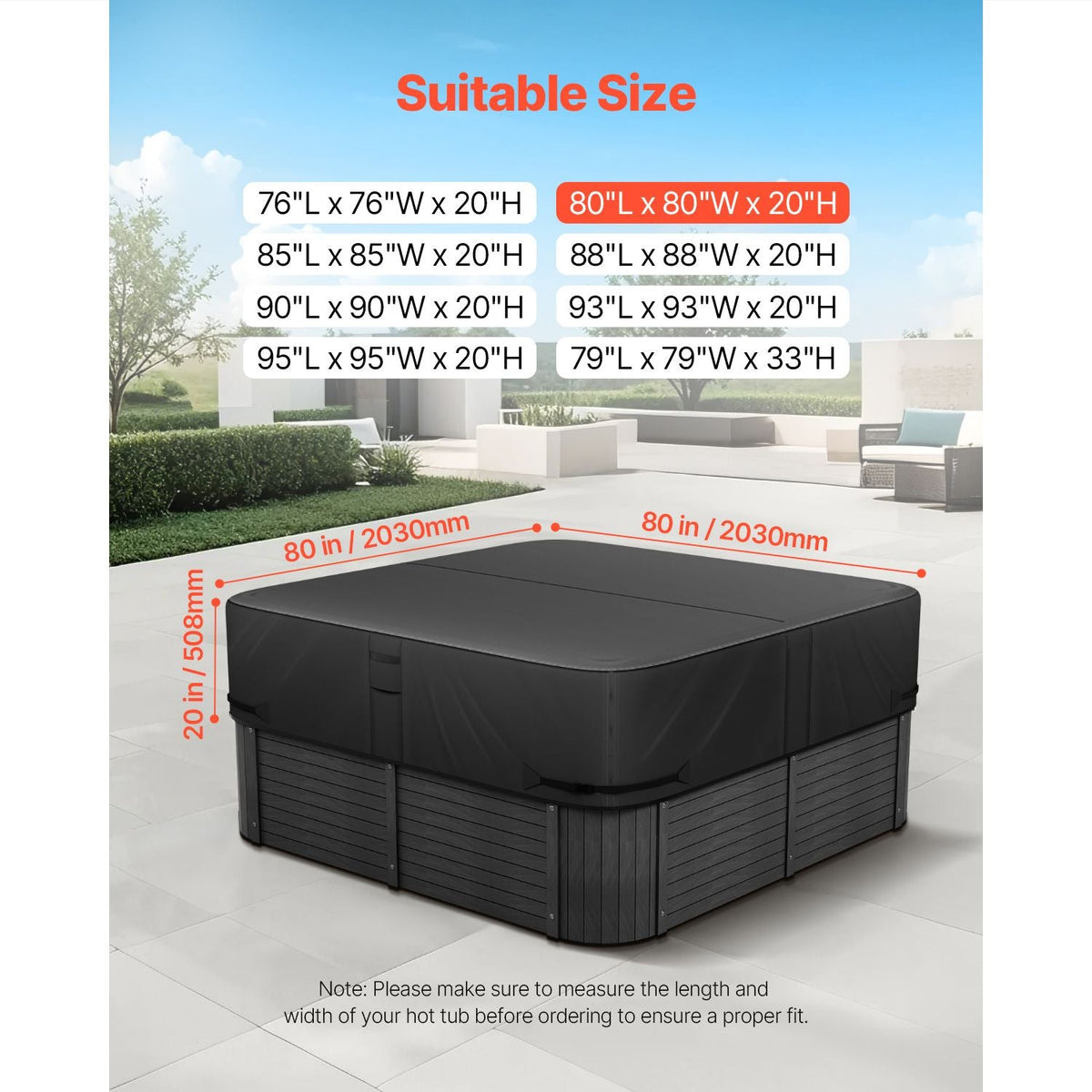 Outdoor Hot Tub Cover, 80 x 80 x 20 Inch Weatherproof and Waterproof Hot Tub Cover Protector, 600D Heavy Duty Oxford Fabric and 950N Tearing Strength, Square Spa Covers for Hottub, Black