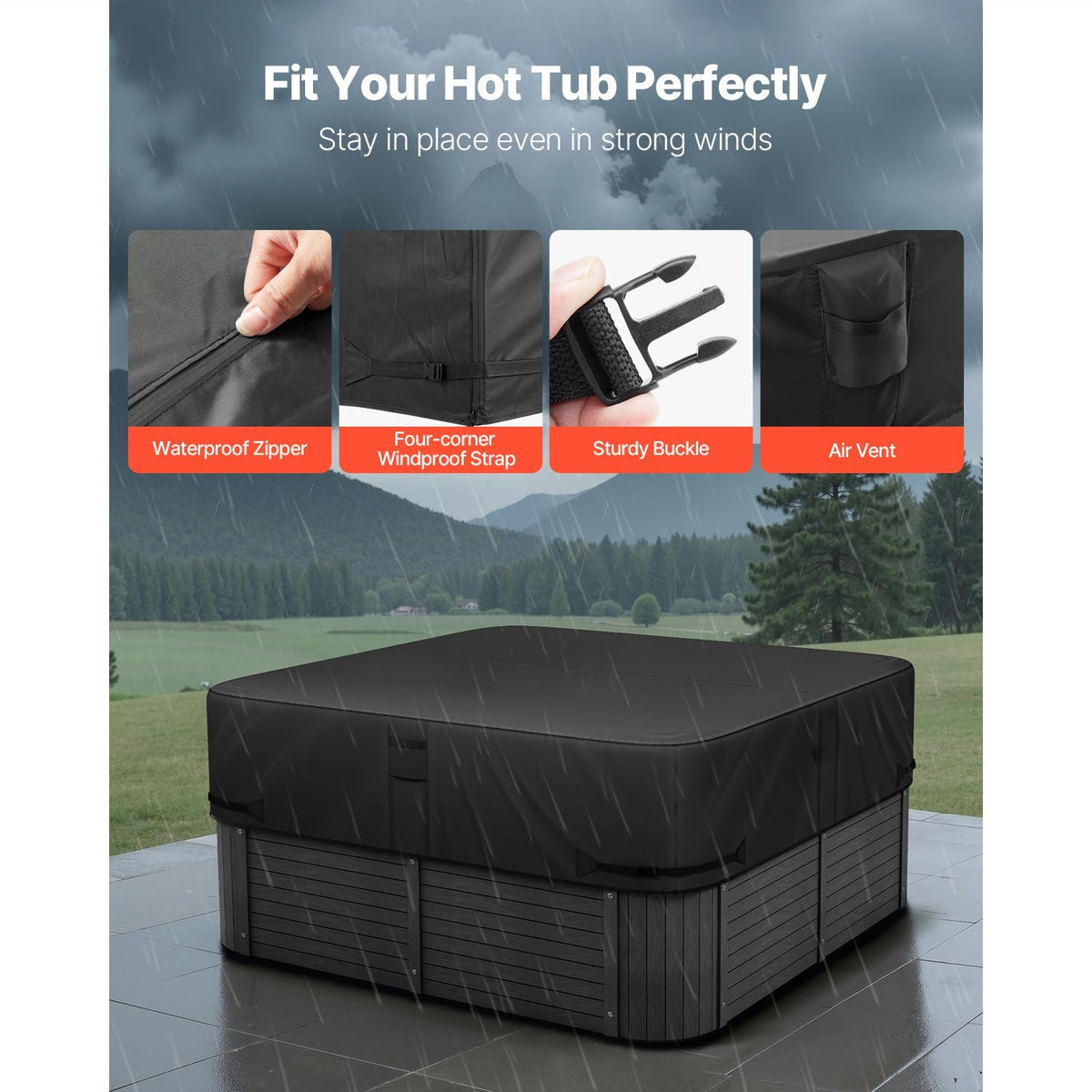Outdoor Hot Tub Cover, 85 x 85 x 20 Inch Weatherproof and Waterproof Hot Tub Cover Protector, 600D Heavy Duty Oxford Fabric and 950N Tearing Strength, Square Spa Covers for Hottub, Black