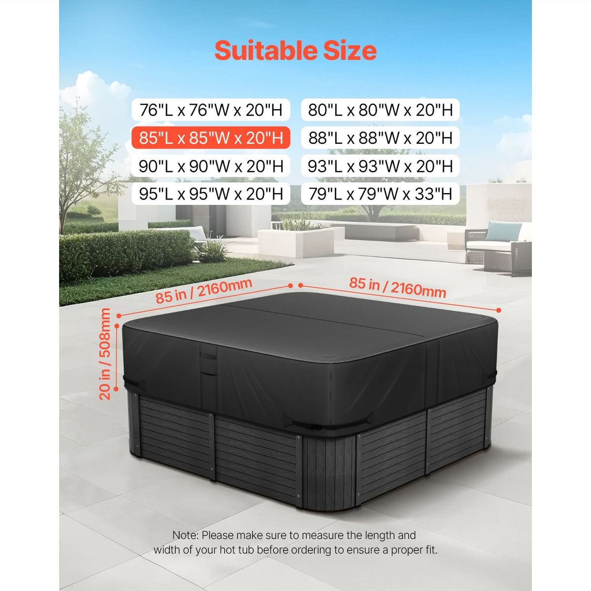Outdoor Hot Tub Cover, 85 x 85 x 20 Inch Weatherproof and Waterproof Hot Tub Cover Protector, 600D Heavy Duty Oxford Fabric and 950N Tearing Strength, Square Spa Covers for Hottub, Black