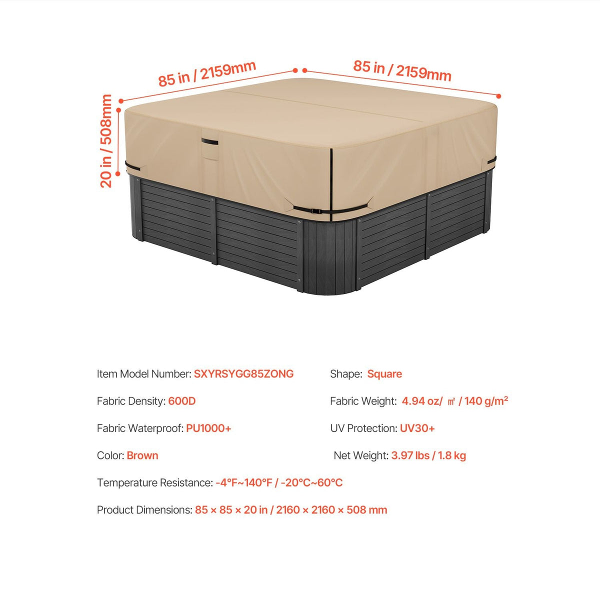 Outdoor Hot Tub Cover, 85 x 85 x 20 Inch Weatherproof and Waterproof Hot Tub Cover Protector, 600D Heavy Duty Oxford Fabric and 950N Tearing Strength, Square Spa Covers for Hottub, Brown
