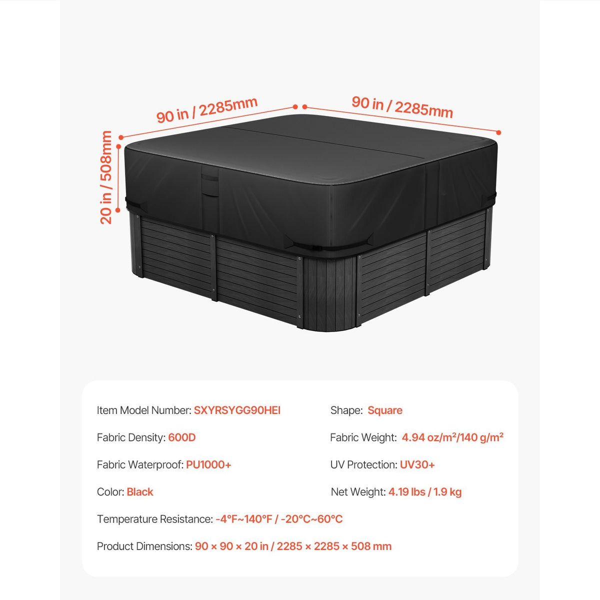 Outdoor Hot Tub Cover, 90 x 90 x 20 Inch Weatherproof and Waterproof Hot Tub Cover Protector, 600D Heavy Duty Oxford Fabric and 950N Tearing Strength, Square Spa Covers for Hottub, Black
