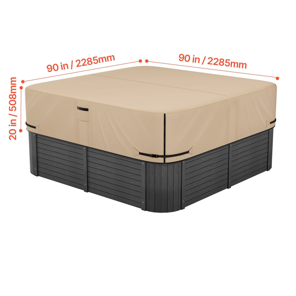 Outdoor Hot Tub Cover, 90 x 90 x 20 Inch Weatherproof and Waterproof Hot Tub Cover Protector, 600D Heavy Duty Oxford Fabric and 950N Tearing Strength, Square Spa Covers for Hottub, Brown