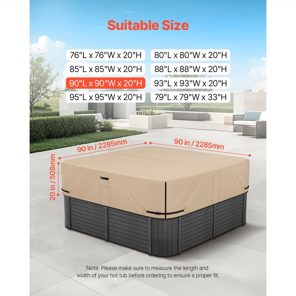 Outdoor Hot Tub Cover, 90 x 90 x 20 Inch Weatherproof and Waterproof Hot Tub Cover Protector, 600D Heavy Duty Oxford Fabric and 950N Tearing Strength, Square Spa Covers for Hottub, Brown
