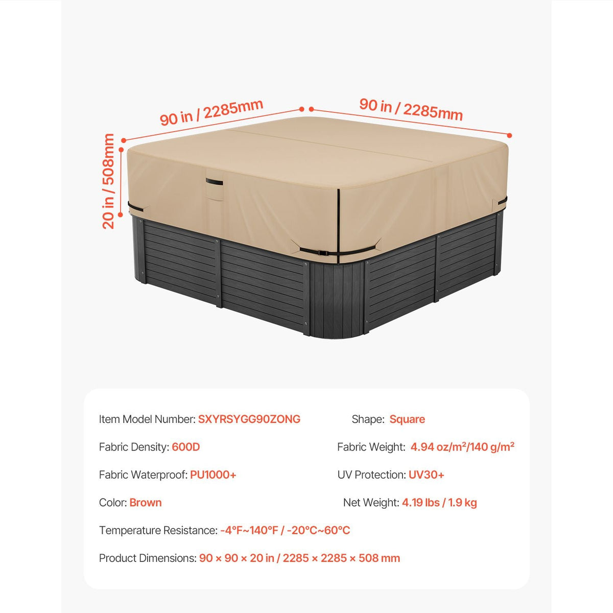 Outdoor Hot Tub Cover, 90 x 90 x 20 Inch Weatherproof and Waterproof Hot Tub Cover Protector, 600D Heavy Duty Oxford Fabric and 950N Tearing Strength, Square Spa Covers for Hottub, Brown