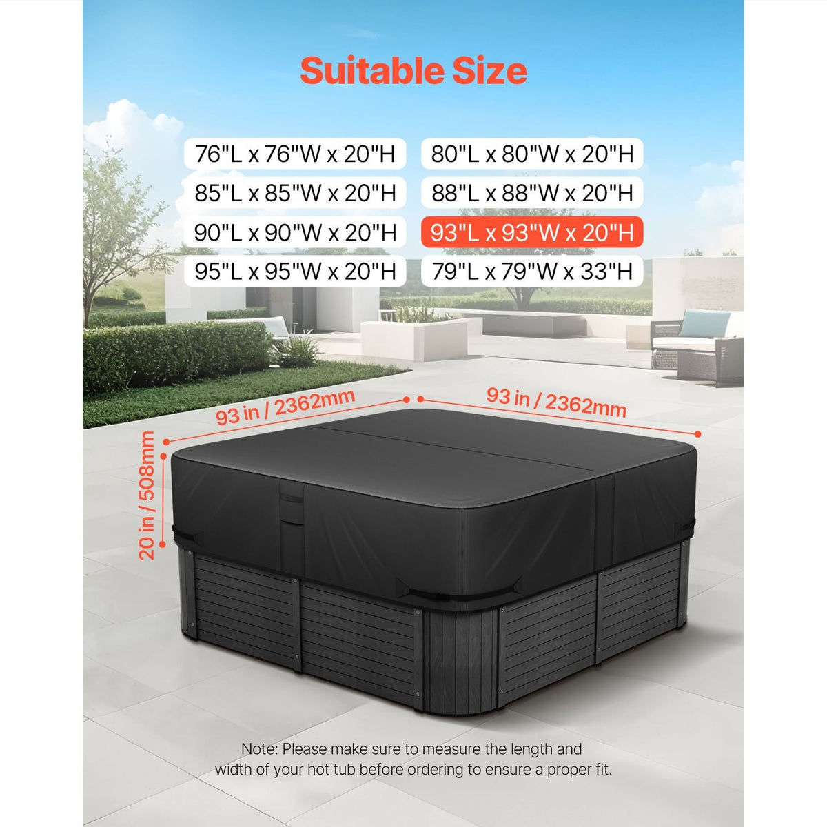 Outdoor Hot Tub Cover, 93 x 93 x 20 Inch Weatherproof and Waterproof Hot Tub Cover Protector, 600D Heavy Duty Oxford Fabric and 950N Tearing Strength, Square Spa Covers for Hottub, Black