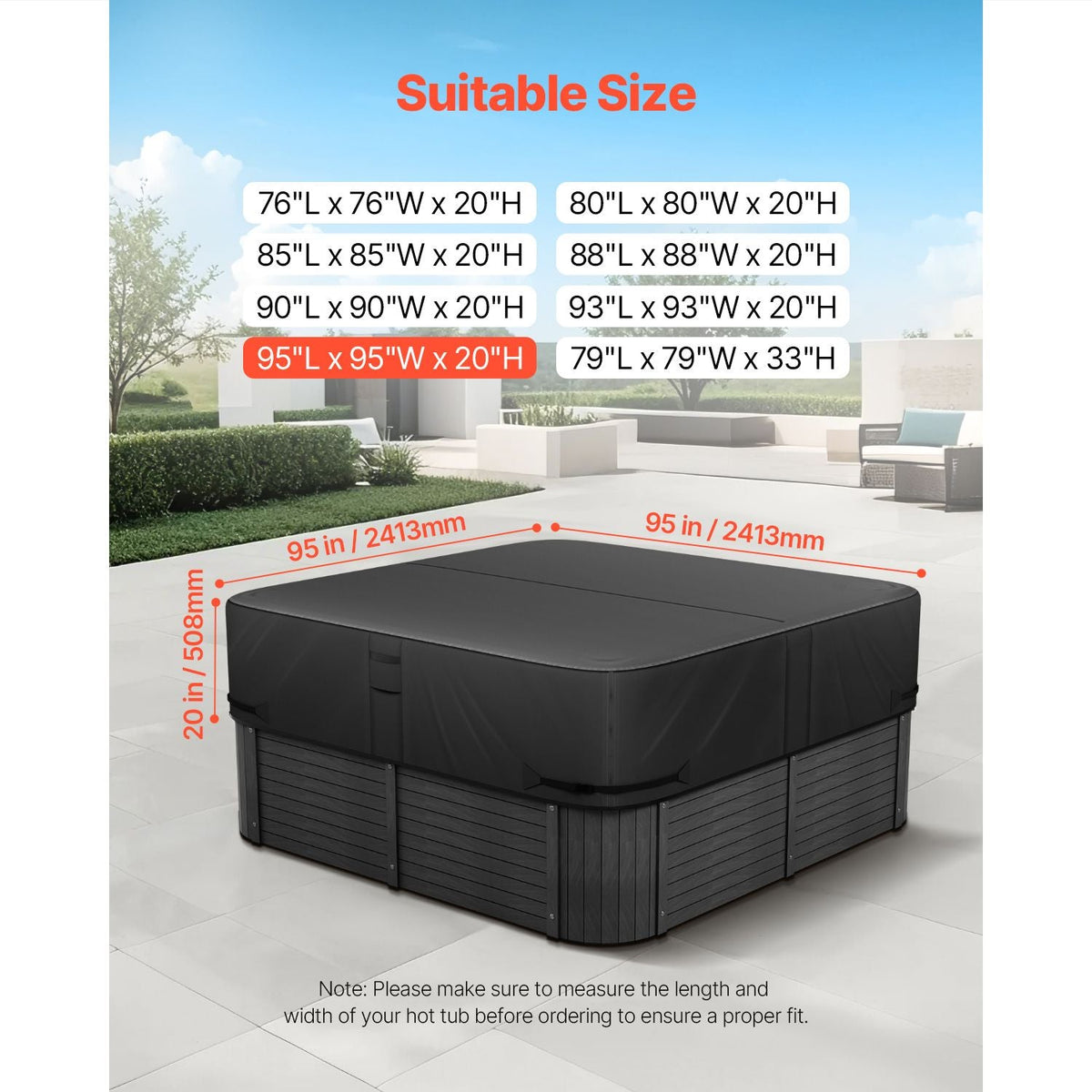 Outdoor Hot Tub Cover, 95 x 95 x 20 Inch Weatherproof and Waterproof Hot Tub Cover Protector, 600D Heavy Duty Oxford Fabric and 950N Tearing Strength, Square Spa Covers for Hottub, Black