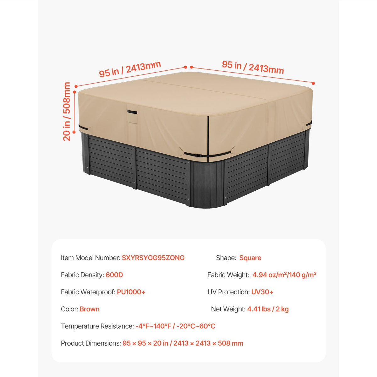 Outdoor Hot Tub Cover, 95 x 95 x 20 Inch Weatherproof and Waterproof Hot Tub Cover Protector, 600D Heavy Duty Oxford Fabric and 950N Tearing Strength, Square Spa Covers for Hottub, Brown